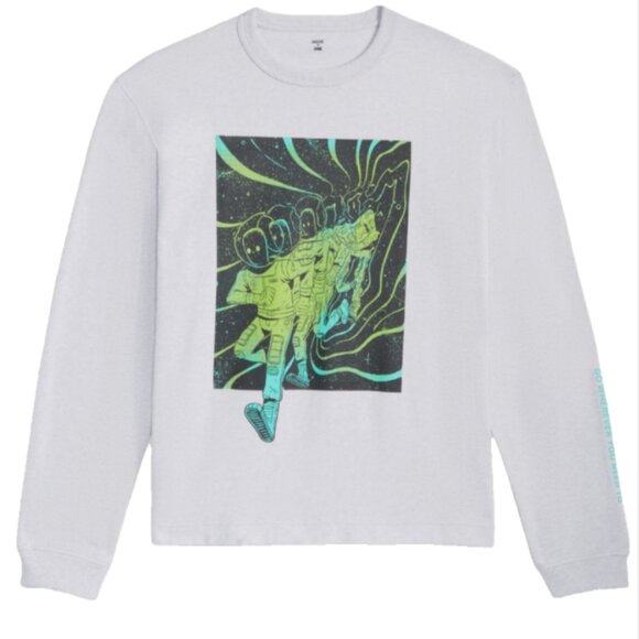 Mode of One Mens Long Sleeve Relaxed Space Guy Graphic Tshirt Heather Grey L - Picture 3 of 9